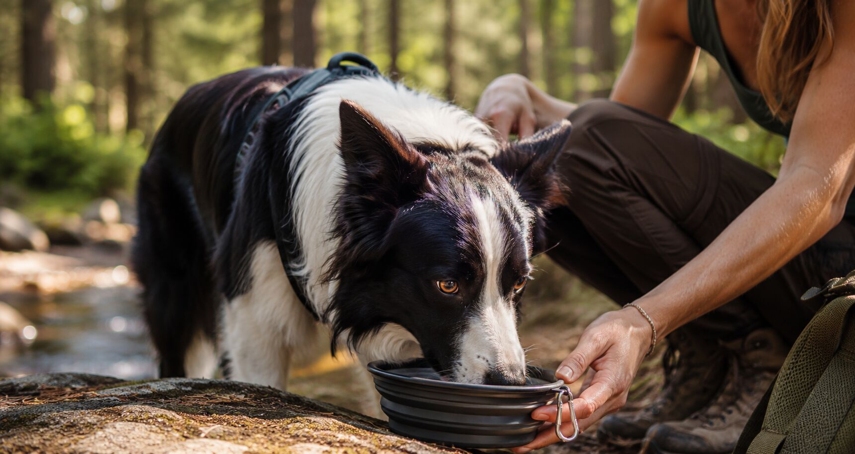 Dog resting in the shade by a water bowl