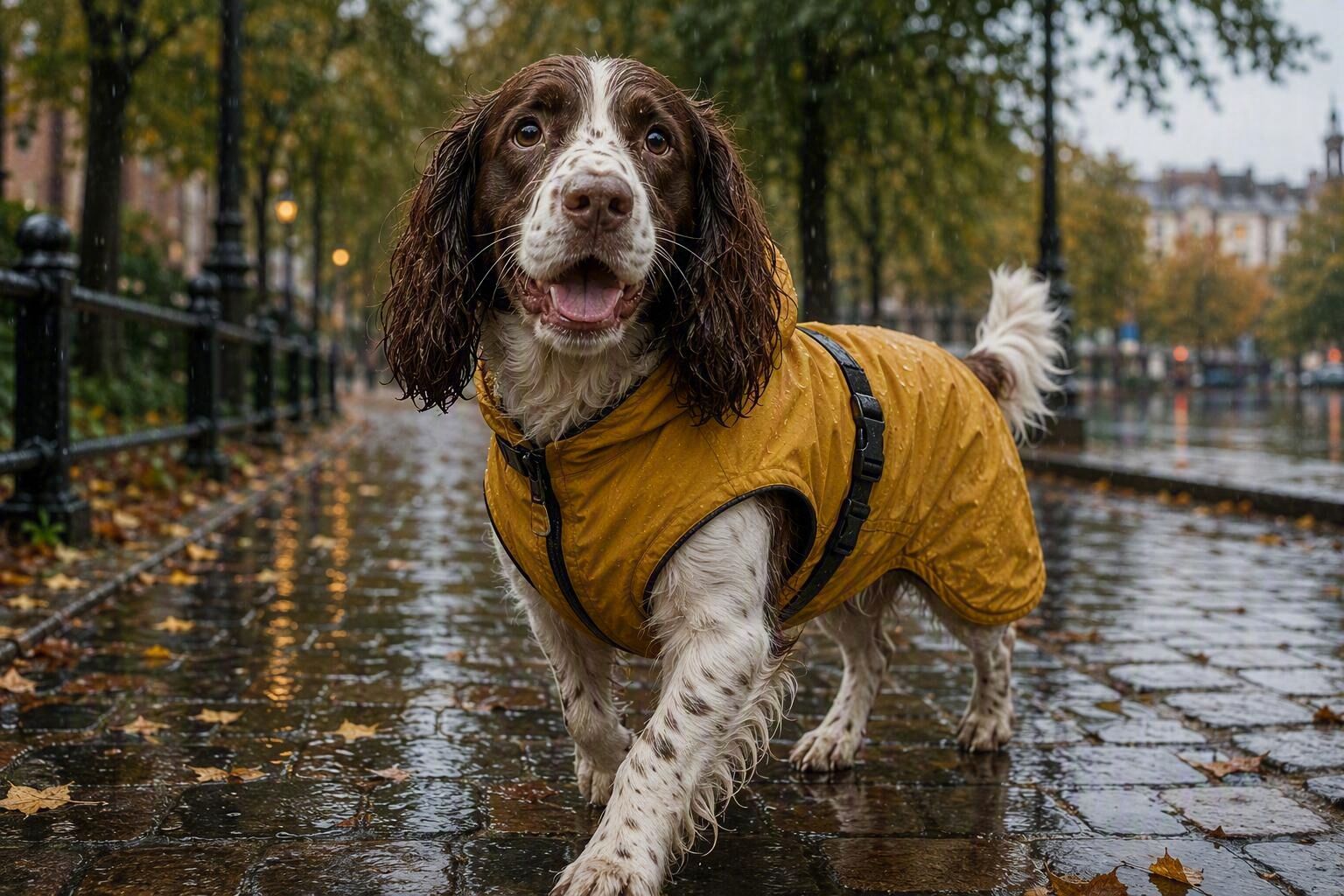 Dog in a yellow raincoat on a wet park path