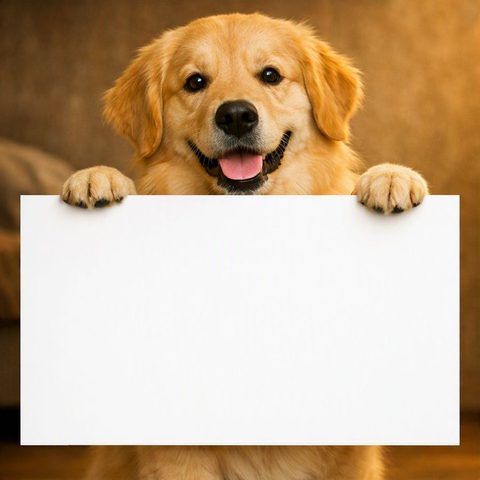 Golden retriever holding a blank sign